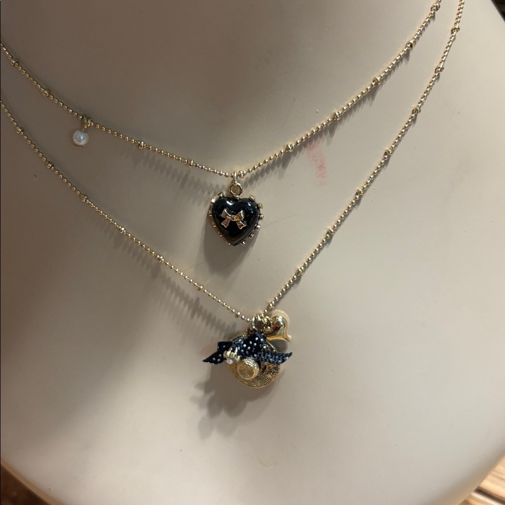 Betsey Johnson Gold and Black Hat Bow & Heart Pendant Necklace